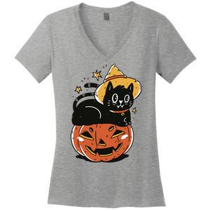 Pumpkin Cat Halloween Cute Festive Women's V-Neck T-Shirt