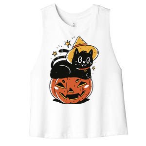 Pumpkin Cat Halloween Cute Festive Women's Racerback Cropped Tank