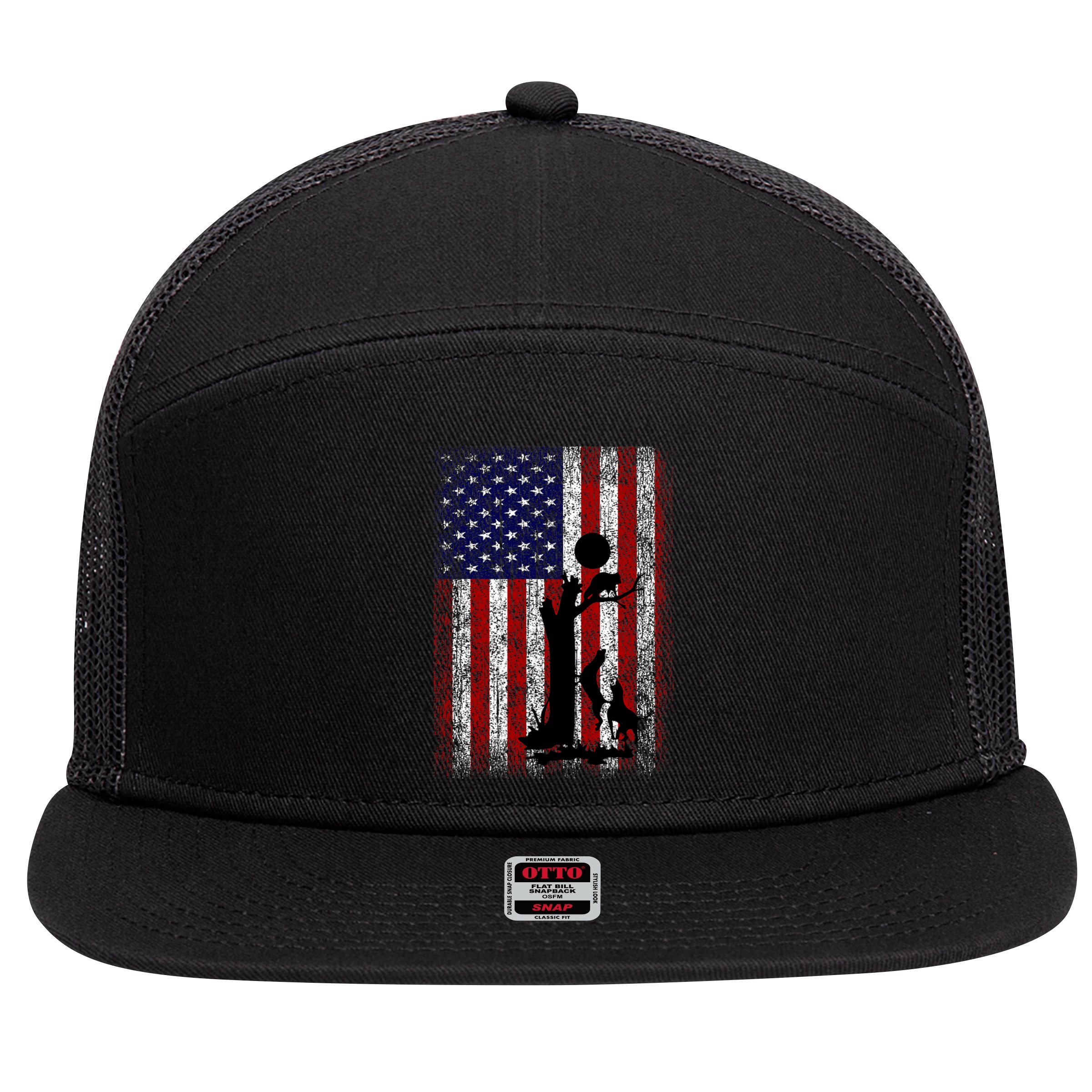Patriotic Coon Hunting Dogs American Flag 7 Panel Mesh Trucker Snapback Hat