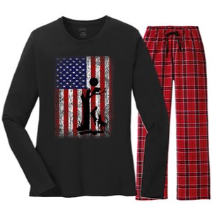 Patriotic Coon Hunting Dogs American Flag Women's Long Sleeve Flannel Pajama Set 