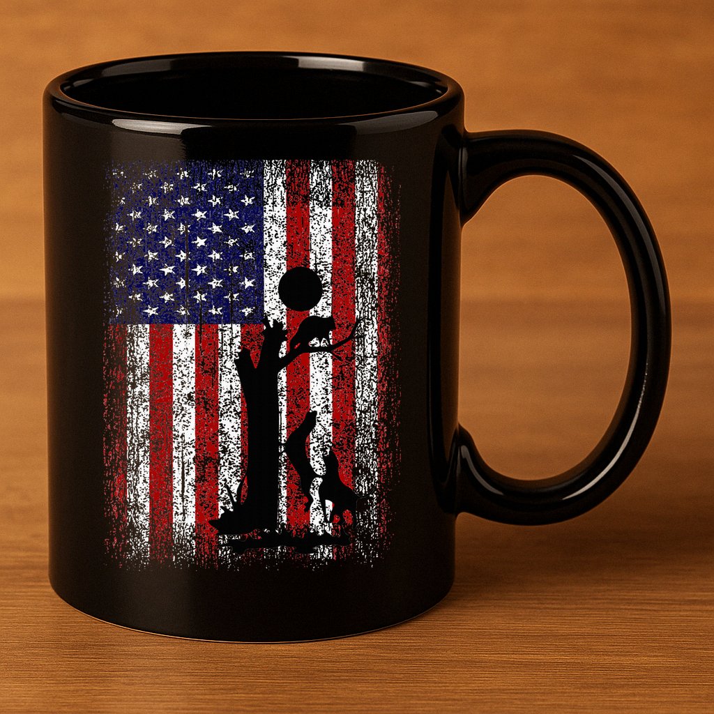 Patriotic Coon Hunting Dogs American Flag 11oz C Handle Ceramic Mug
