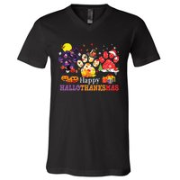 Paw Cat Happy Hallothanksmas Halloween Thanksgiving Xmas V-Neck T-Shirt