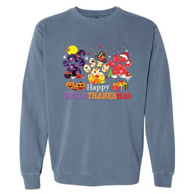 Paw Cat Happy Hallothanksmas Halloween Thanksgiving Xmas Garment-Dyed Sweatshirt