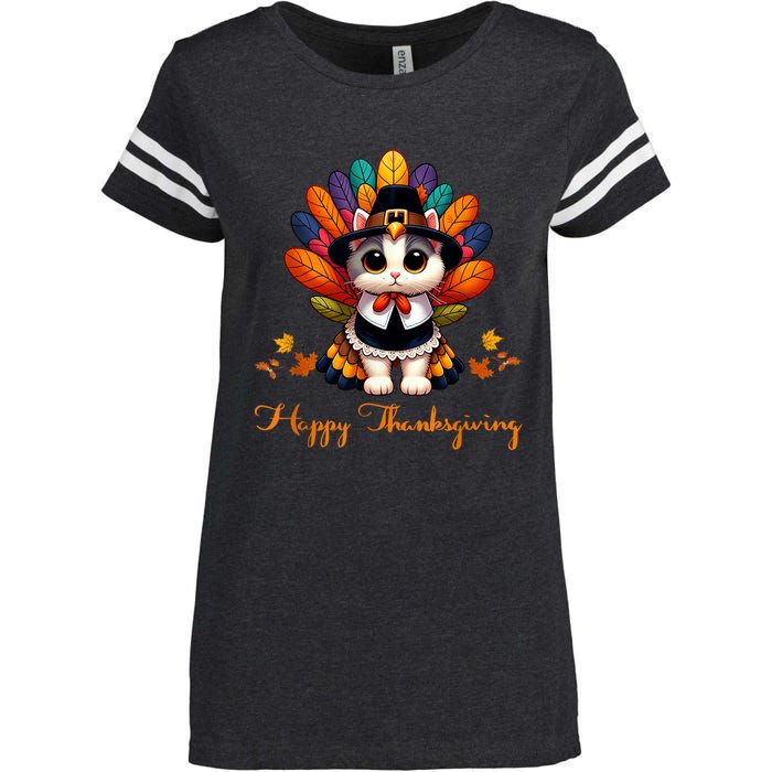 Pilgrim Cat In Turkey Disguise Turkey Costume Thanksgiving Enza Ladies Jersey Football T-Shirt