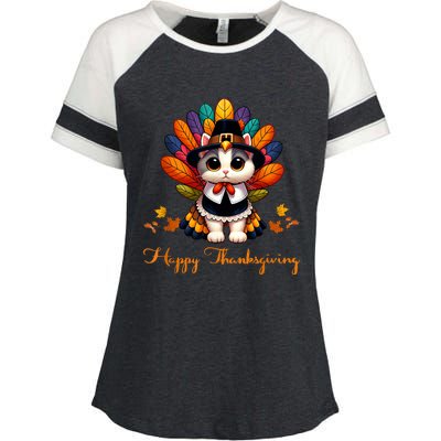 Pilgrim Cat In Turkey Disguise Turkey Costume Thanksgiving Enza Ladies Jersey Colorblock Tee