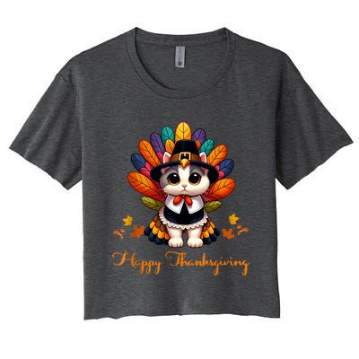 Pilgrim Cat In Turkey Disguise Turkey Costume Thanksgiving Women's Crop Top Tee