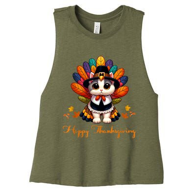 Pilgrim Cat In Turkey Disguise Turkey Costume Thanksgiving Women's Racerback Cropped Tank