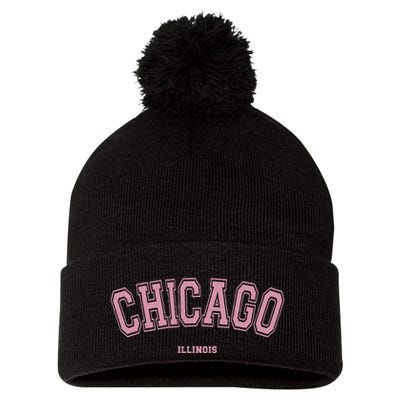 Pink Chicago Illinois Il Varsity Style On Chicago Pom Pom 12in Knit Beanie