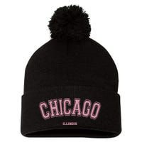 Pink Chicago Illinois Il Varsity Style On Chicago Pom Pom 12in Knit Beanie