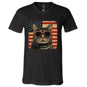 Patriotic Cat Independence Day Celebration V-Neck T-Shirt