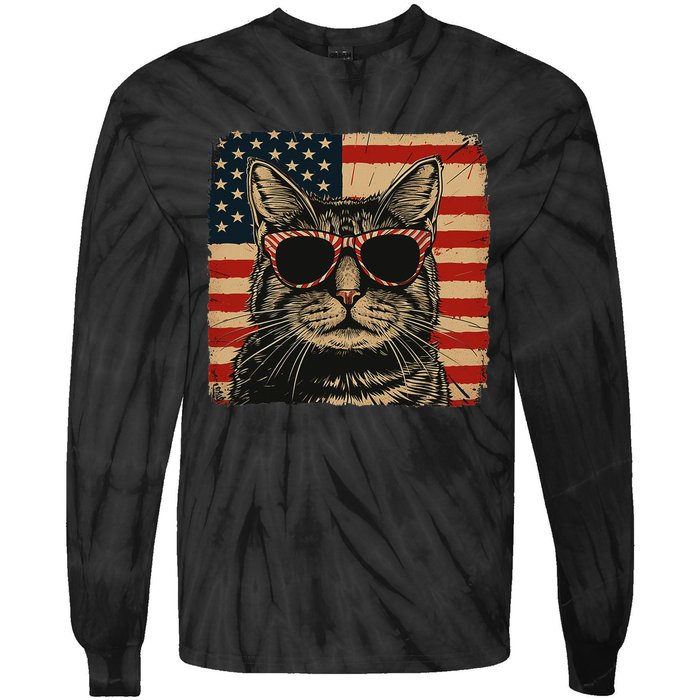 Patriotic Cat Independence Day Celebration Tie-Dye Long Sleeve Shirt