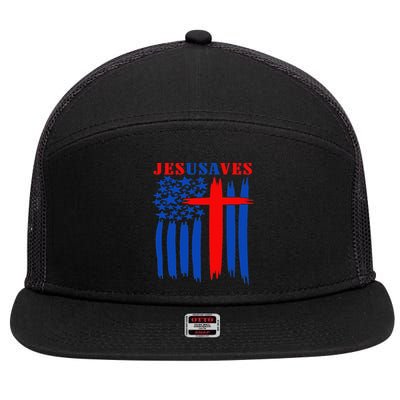 Patriotic Christian Jesus USA Saves Flag Cross America Flag 7 Panel Mesh Trucker Snapback Hat