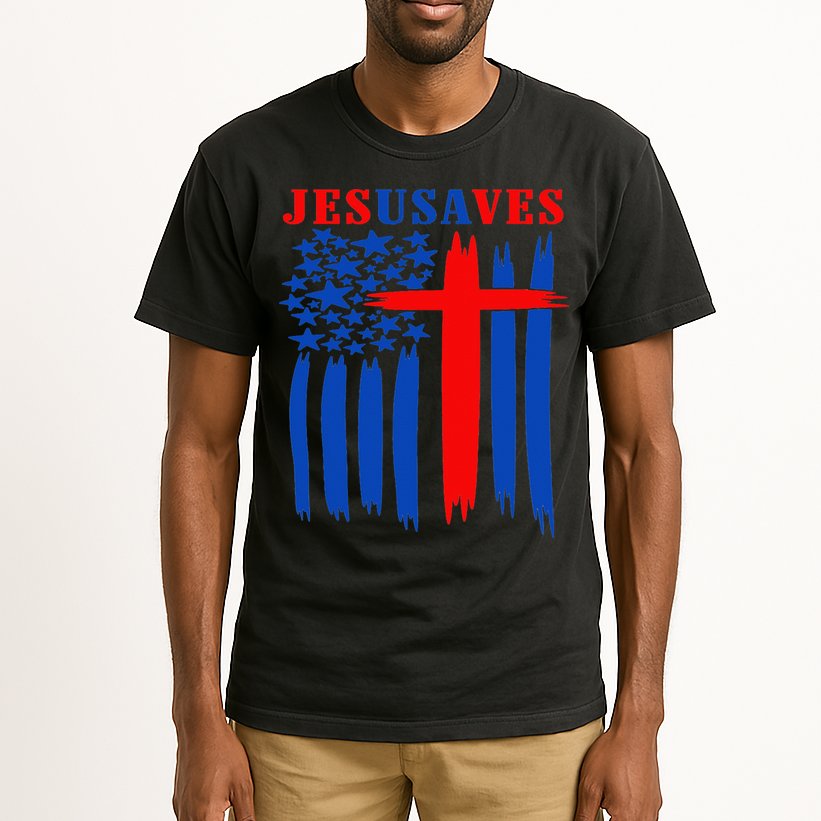 Patriotic Christian Jesus USA Saves Flag Cross America Flag Tall T-Shirt