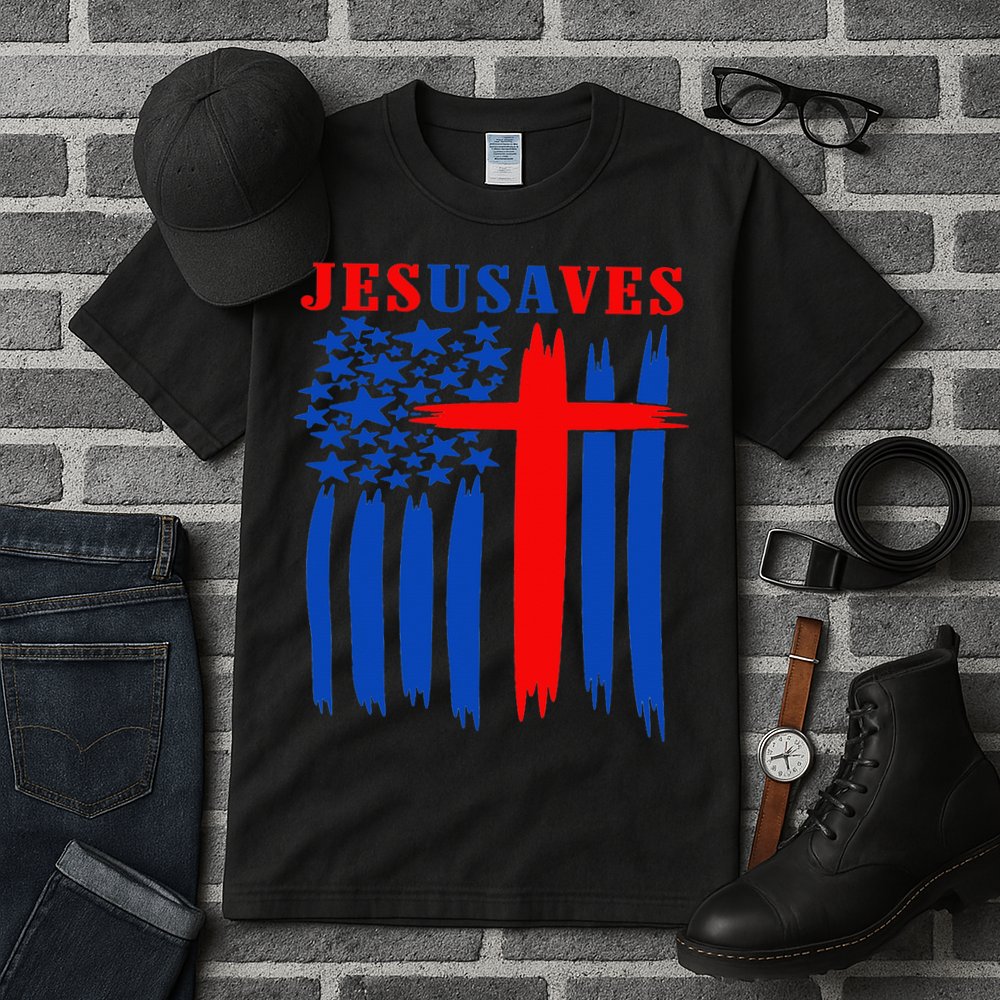 Patriotic Christian Jesus USA Saves Flag Cross America Flag Tall T-Shirt