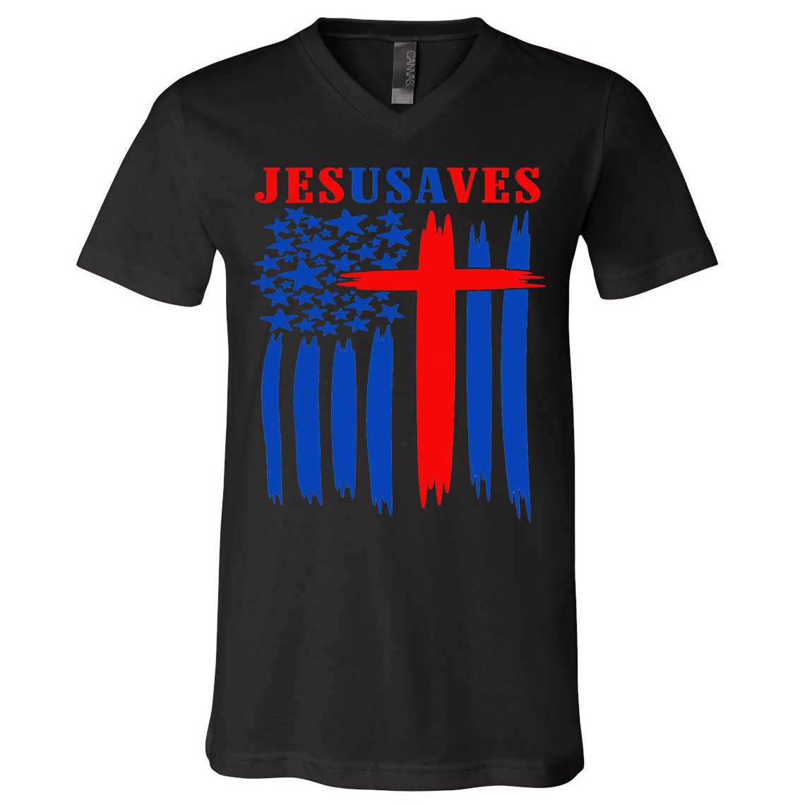 Patriotic Christian Jesus USA Saves Flag Cross America Flag V-Neck T-Shirt