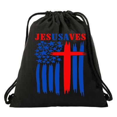 Patriotic Christian Jesus USA Saves Flag Cross America Flag Drawstring Bag