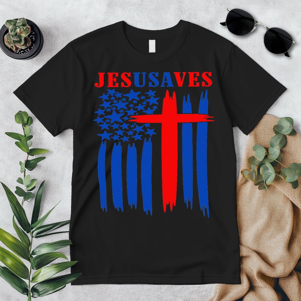 Patriotic Christian Jesus USA Saves Flag Cross America Flag Premium T-Shirt