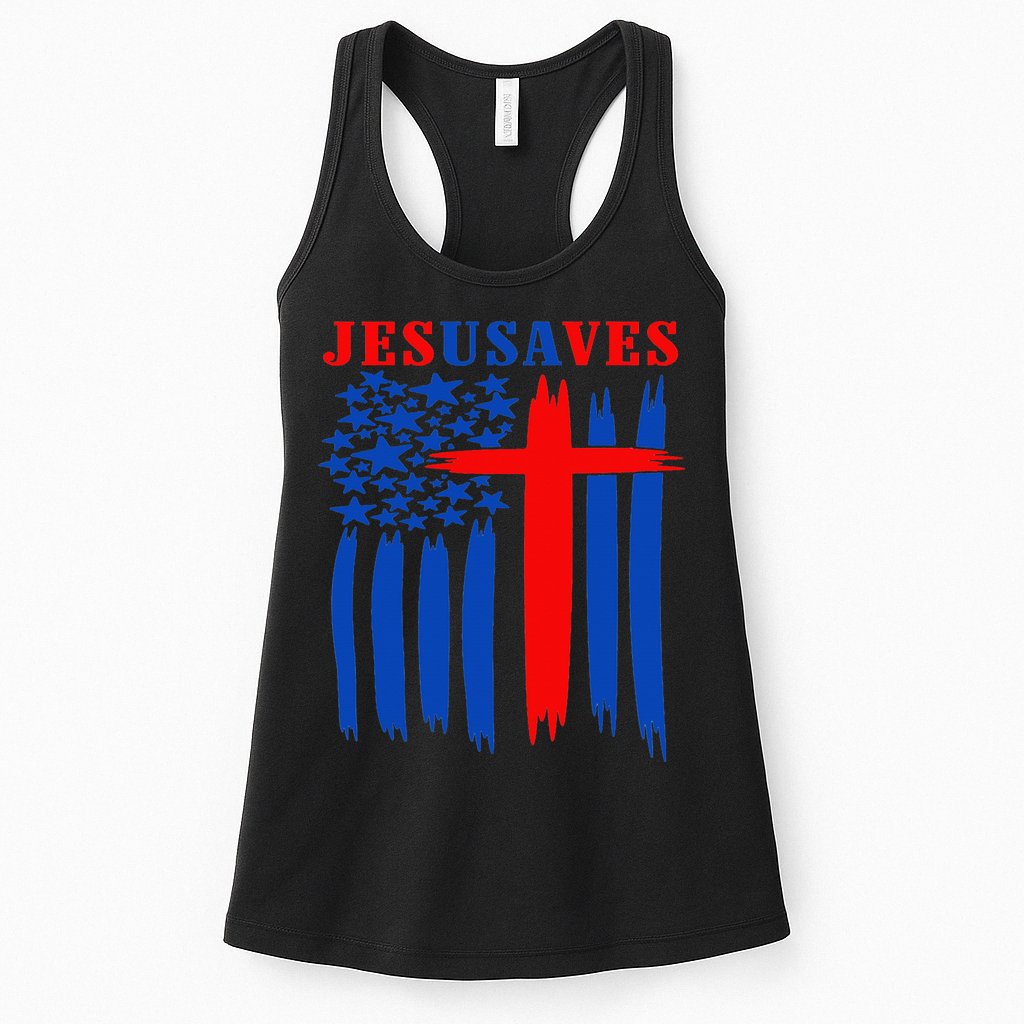 Patriotic Christian Jesus USA Saves Flag Cross America Flag Womens Tank Top