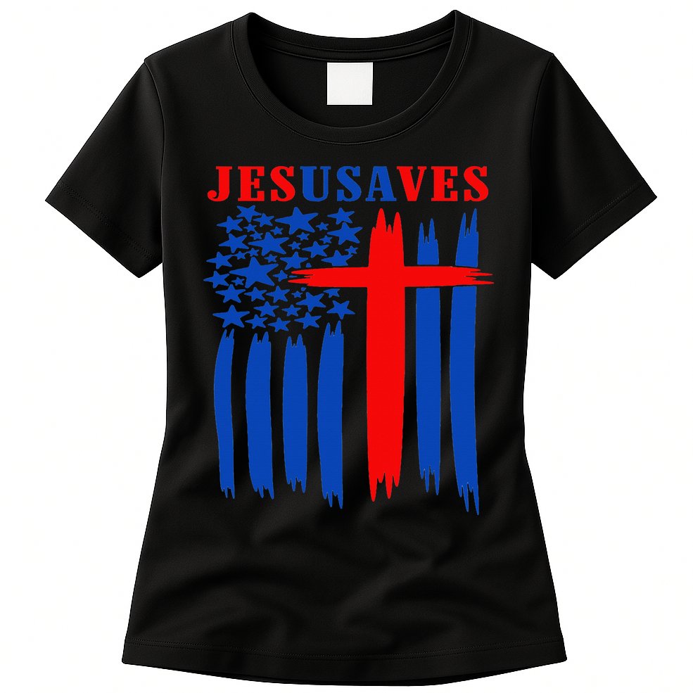 Patriotic Christian Jesus USA Saves Flag Cross America Flag Womens T-Shirt