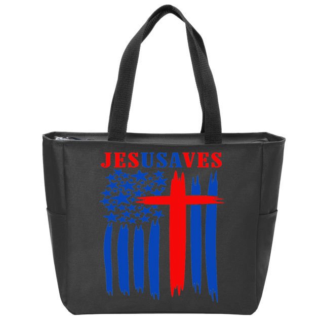 Patriotic Christian Jesus USA Saves Flag Cross America Flag Zip Tote Bag