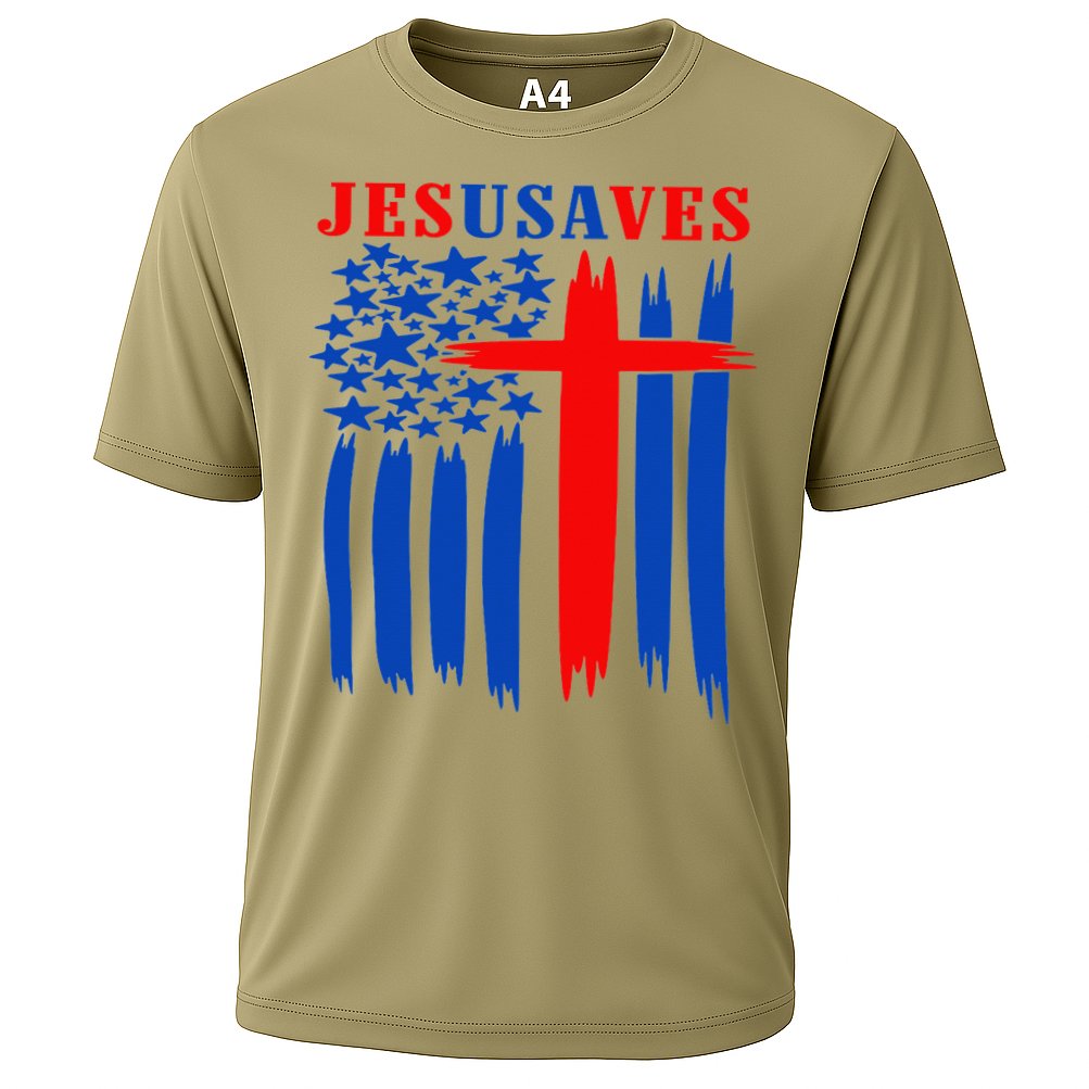 Patriotic Christian Jesus USA Saves Flag Cross America Flag Cooling Performance Crew T-Shirt