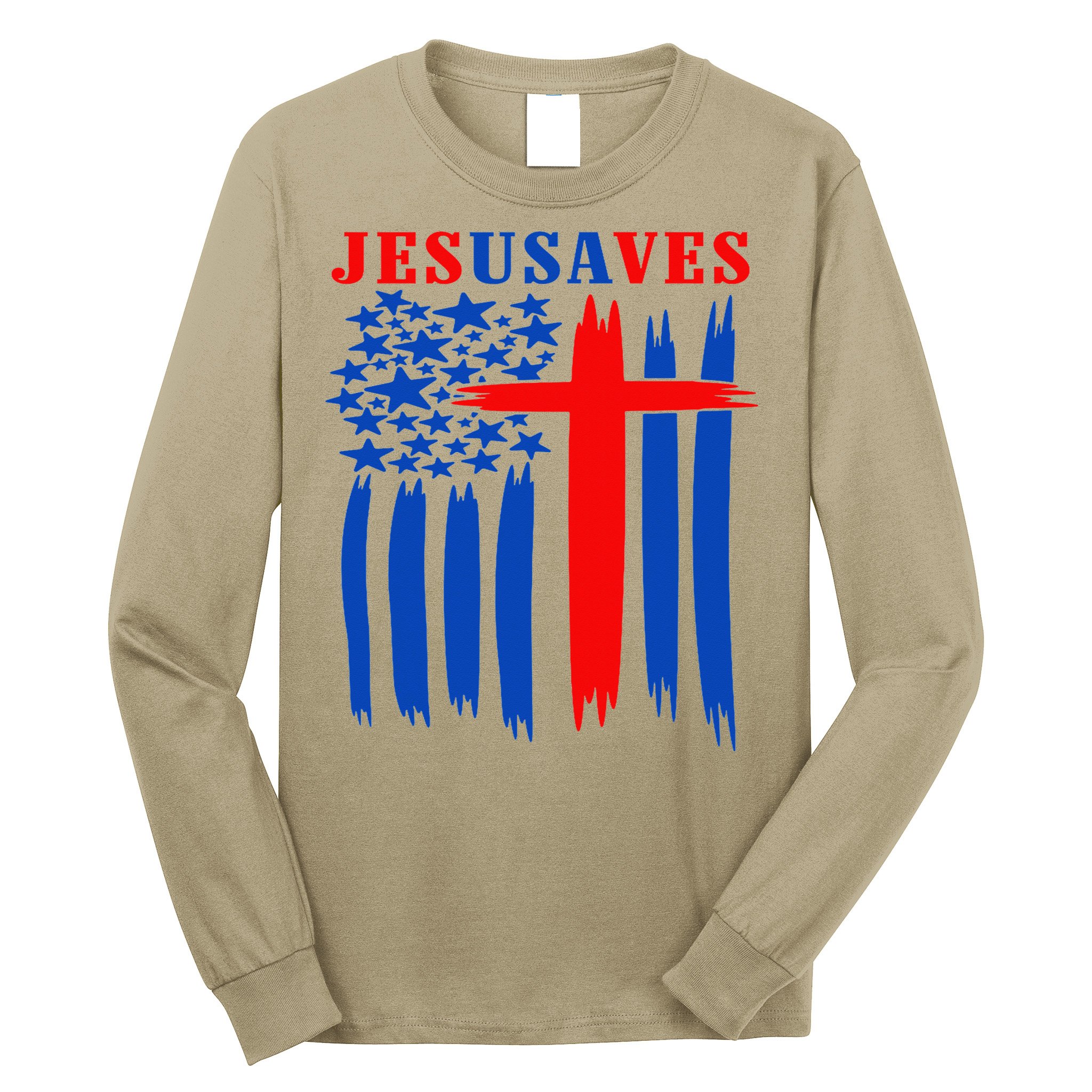 Patriotic Christian Jesus USA Saves Flag Cross America Flag Long Sleeve Shirt