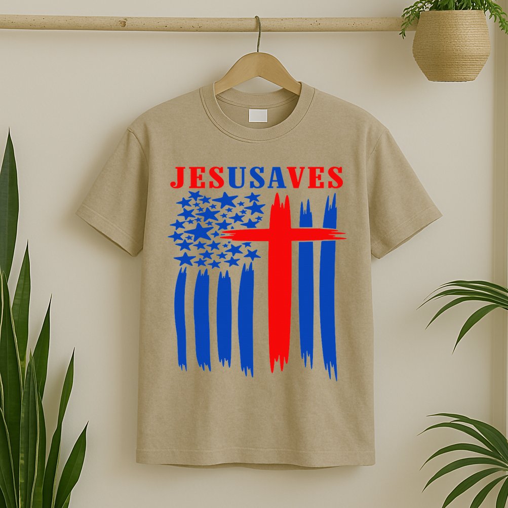 Patriotic Christian Jesus USA Saves Flag Cross America Flag T-Shirt