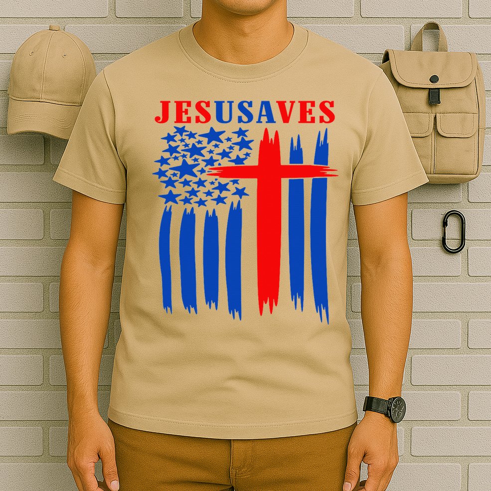 Patriotic Christian Jesus USA Saves Flag Cross America Flag T-Shirt