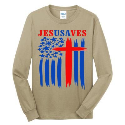 Patriotic Christian Jesus USA Saves Flag Cross America Flag Tall Long Sleeve T-Shirt