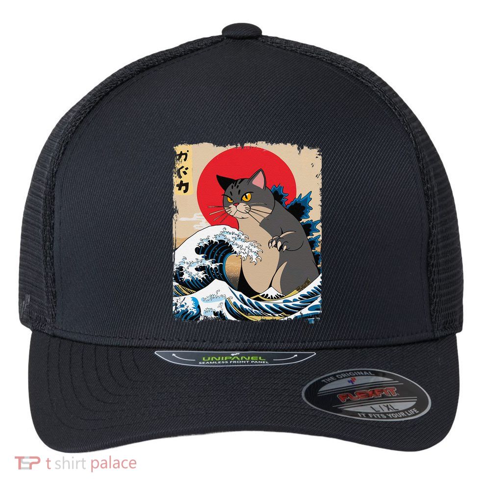 Persian Catzilla Japanese Art Funny Cat Retro Anime Sunset Flexfit Unipanel Trucker Cap
