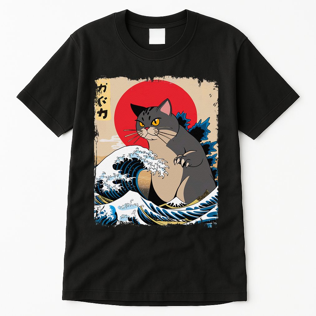 Persian Catzilla Japanese Art Funny Cat Retro Anime Sunset Tall T-Shirt