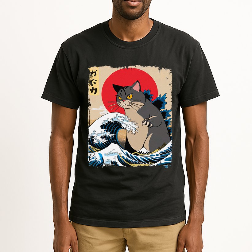 Persian Catzilla Japanese Art Funny Cat Retro Anime Sunset Tall T-Shirt