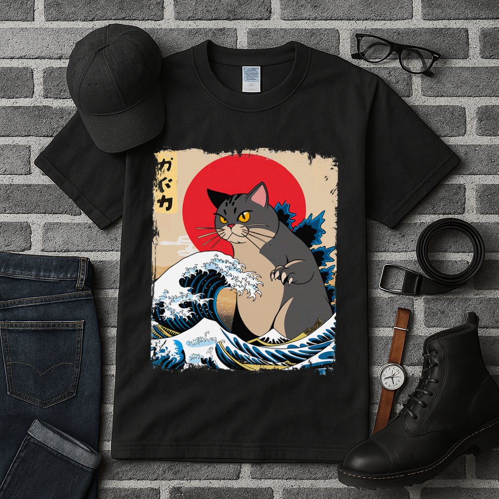 Persian Catzilla Japanese Art Funny Cat Retro Anime Sunset Tall T-Shirt