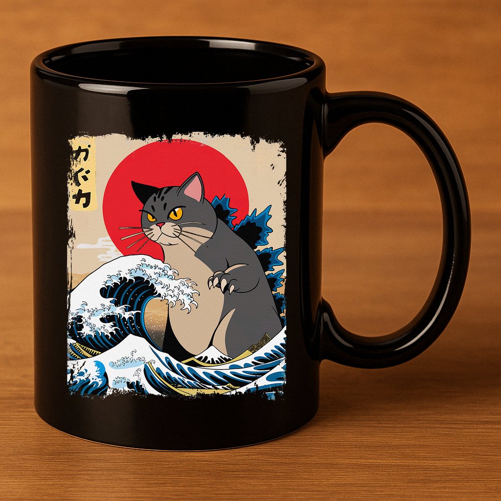 Persian Catzilla Japanese Art Funny Cat Retro Anime Sunset 11oz C Handle Ceramic Mug