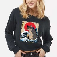 Persian Catzilla Japanese Art Funny Cat Retro Anime Sunset Cropped Pullover Crew