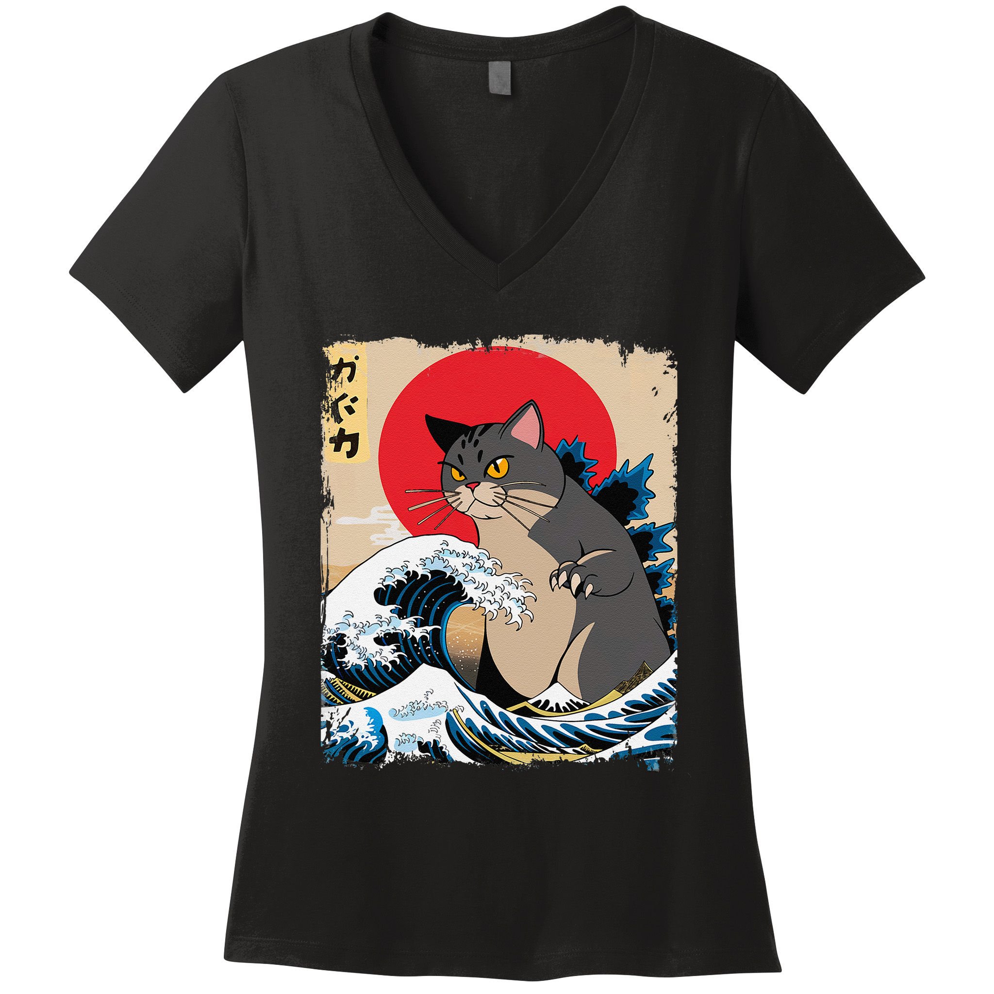 Persian Catzilla Japanese Art Funny Cat Retro Anime Sunset Women's V-Neck T-Shirt