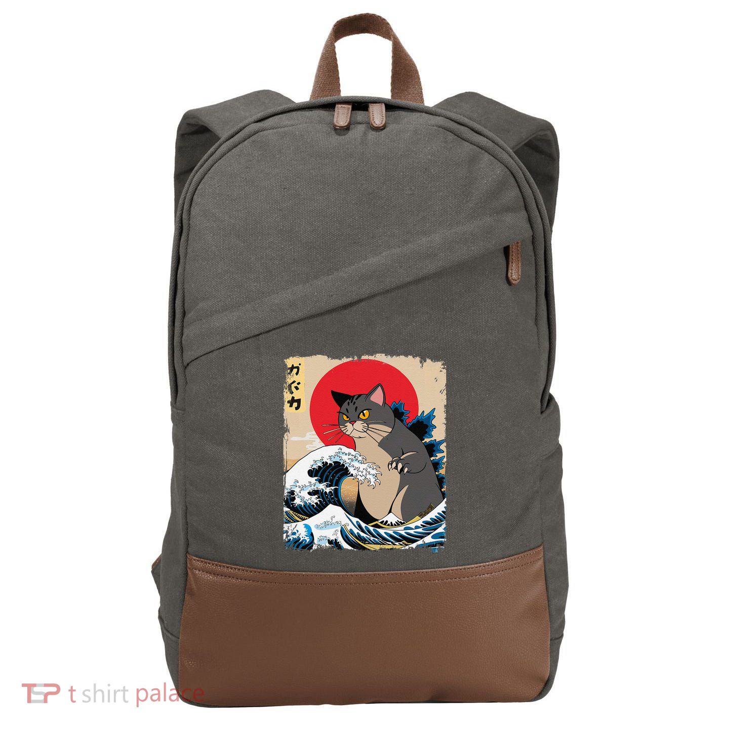 Persian Catzilla Japanese Art Funny Cat Retro Anime Sunset Cotton Canvas Backpack