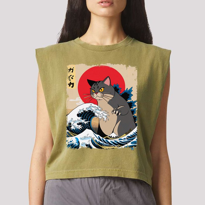 Persian Catzilla Japanese Art Funny Cat Retro Anime Sunset Garment-Dyed Women's Muscle Tee