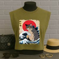 Persian Catzilla Japanese Art Funny Cat Retro Anime Sunset Garment-Dyed Women's Muscle Tee