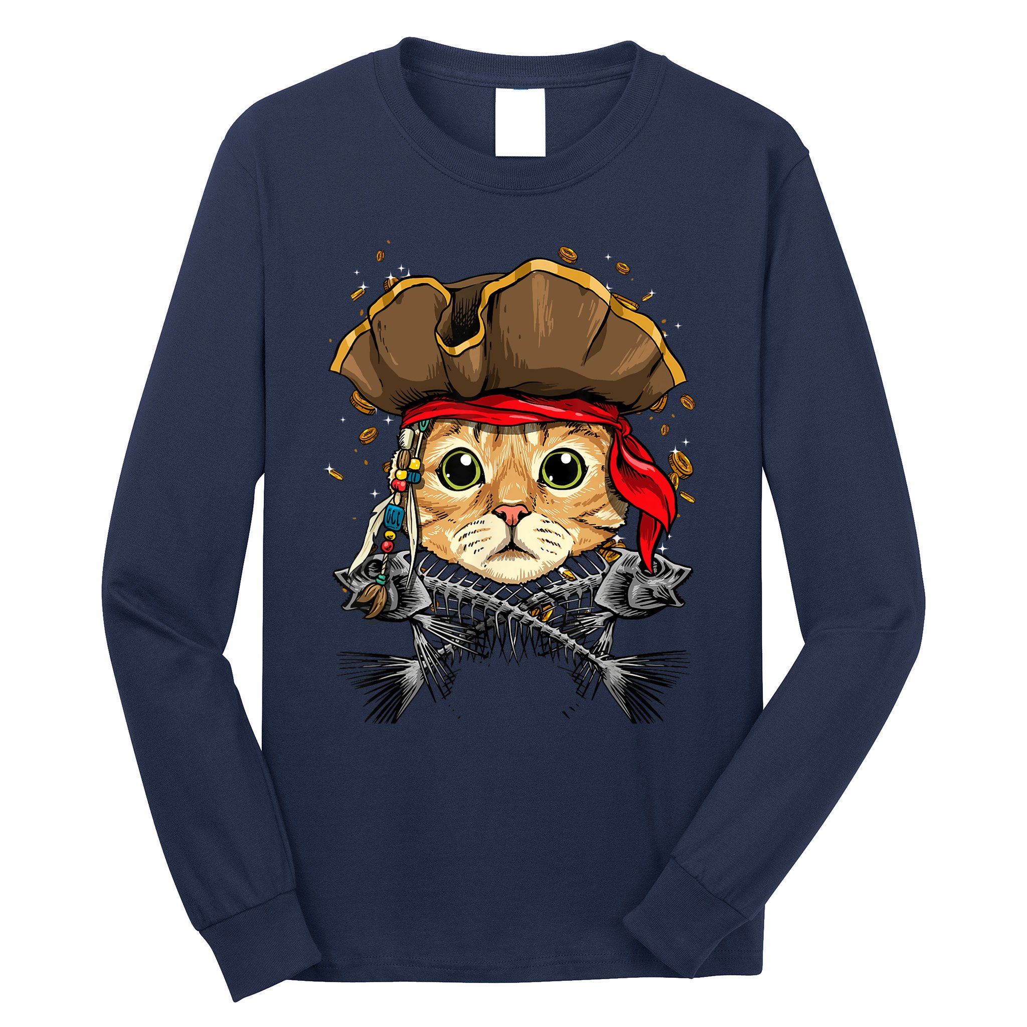 Pirate Cat Jolly Roger Flag Nautical Sailors Pet Cat Lover Long Sleeve Shirt