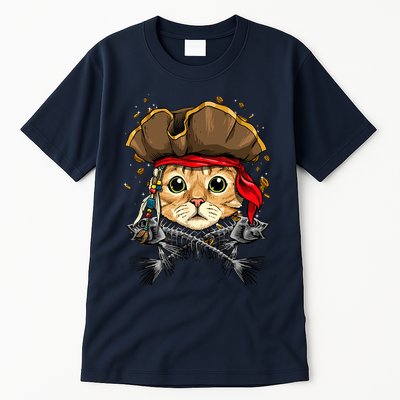 Pirate Cat Jolly Roger Flag Nautical Sailors Pet Cat Lover Tall T-Shirt