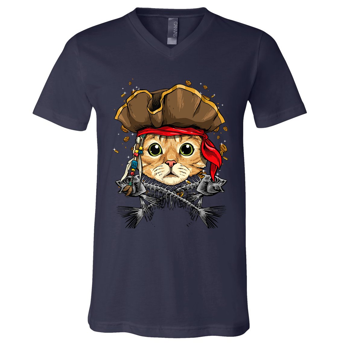 Pirate Cat Jolly Roger Flag Nautical Sailors Pet Cat Lover V-Neck T-Shirt