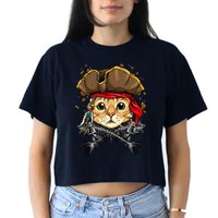 Pirate Cat Jolly Roger Flag Nautical Sailors Pet Cat Lover Women's Crop Top Tee
