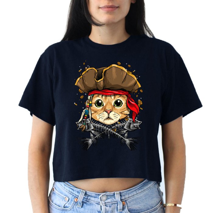 Pirate Cat Jolly Roger Flag Nautical Sailors Pet Cat Lover Women's Crop Top Tee