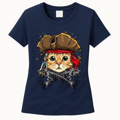 Pirate Cat Jolly Roger Flag Nautical Sailors Pet Cat Lover Womens T-Shirt