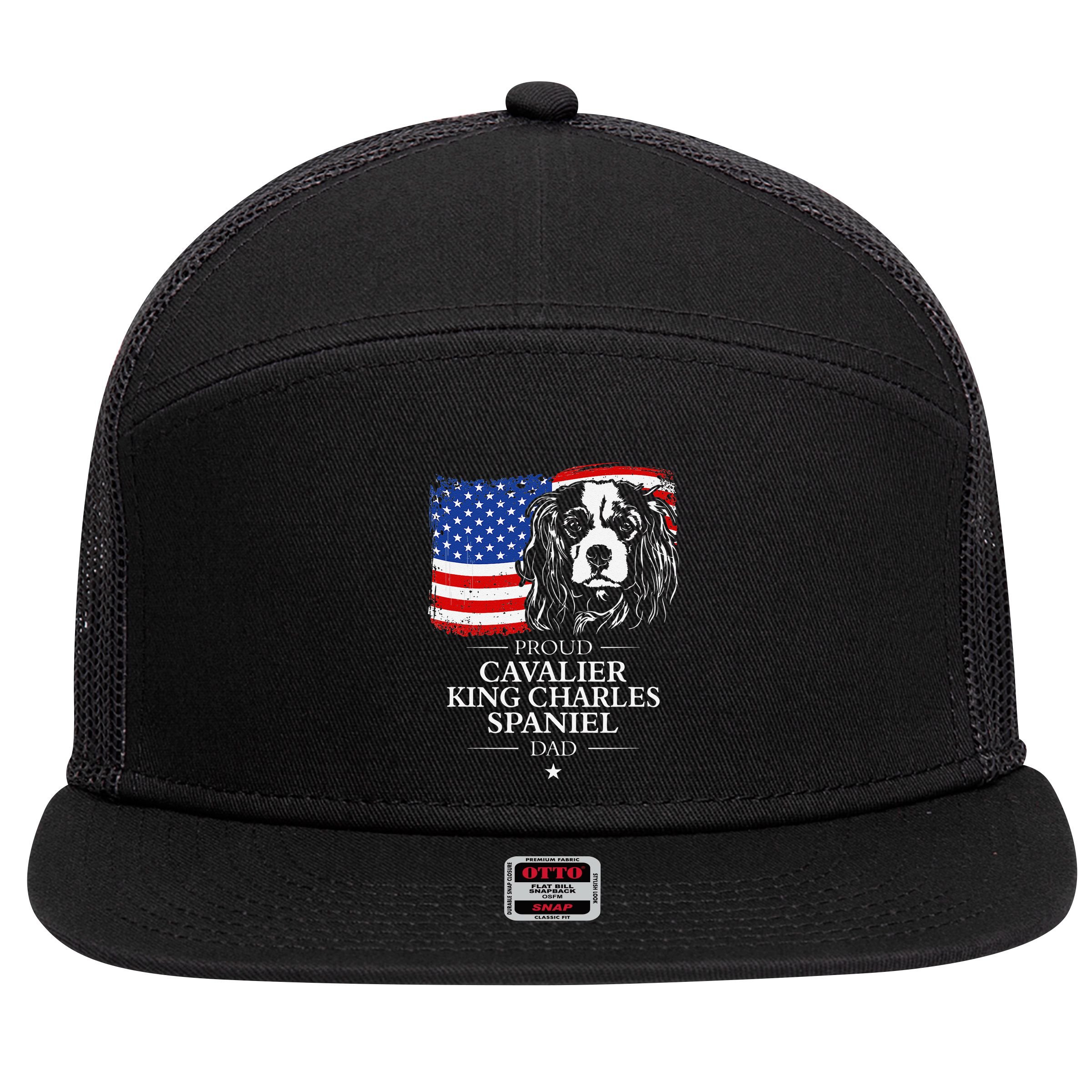 Proud Cavalier King Charles Spaniel Dad American Flag Dog 7 Panel Mesh Trucker Snapback Hat