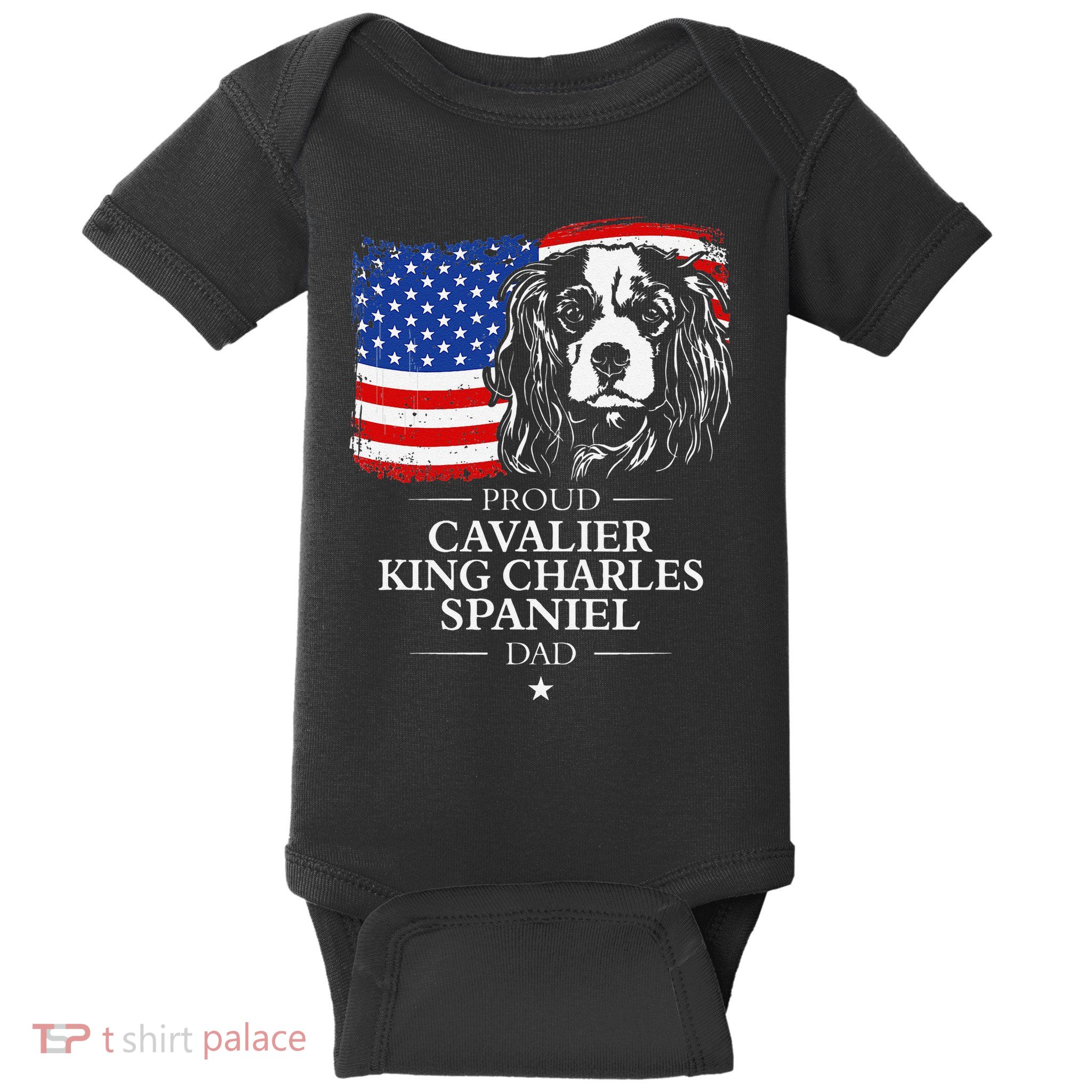 Proud Cavalier King Charles Spaniel Dad American Flag Dog Baby Bodysuit