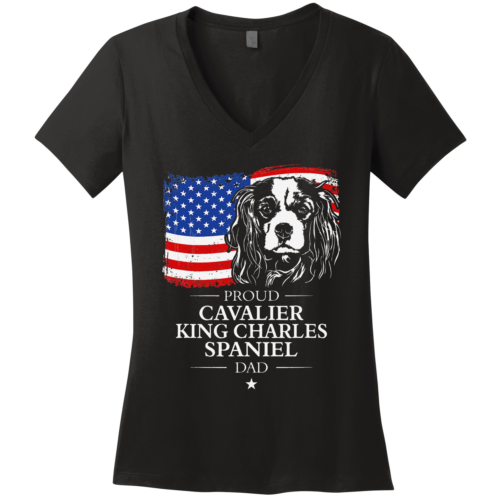 Proud Cavalier King Charles Spaniel Dad American Flag Dog Women's V-Neck T-Shirt