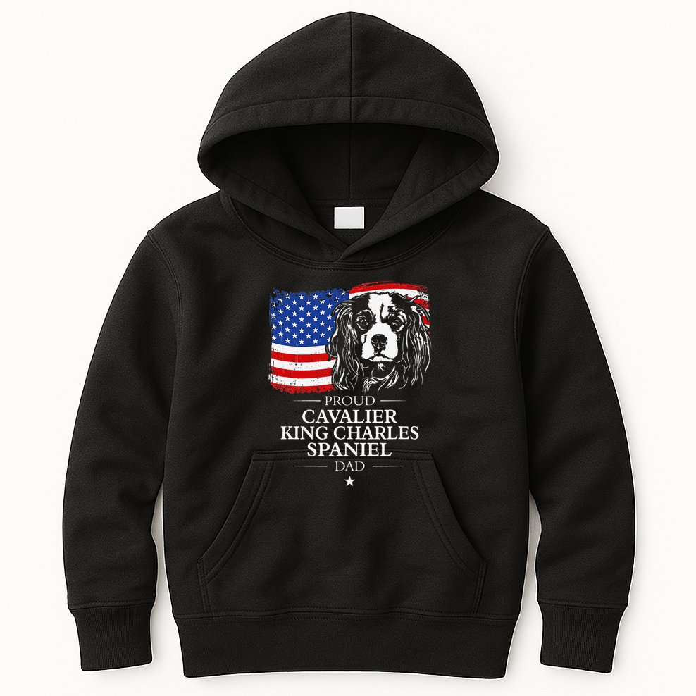 Proud Cavalier King Charles Spaniel Dad American Flag Dog Kids Hoodie