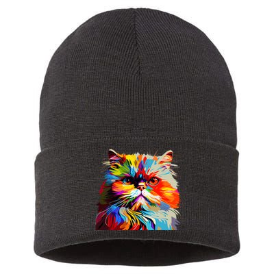 Persian Cat Lovers Colorful Pop Art Persian Cat Sustainable Knit Beanie